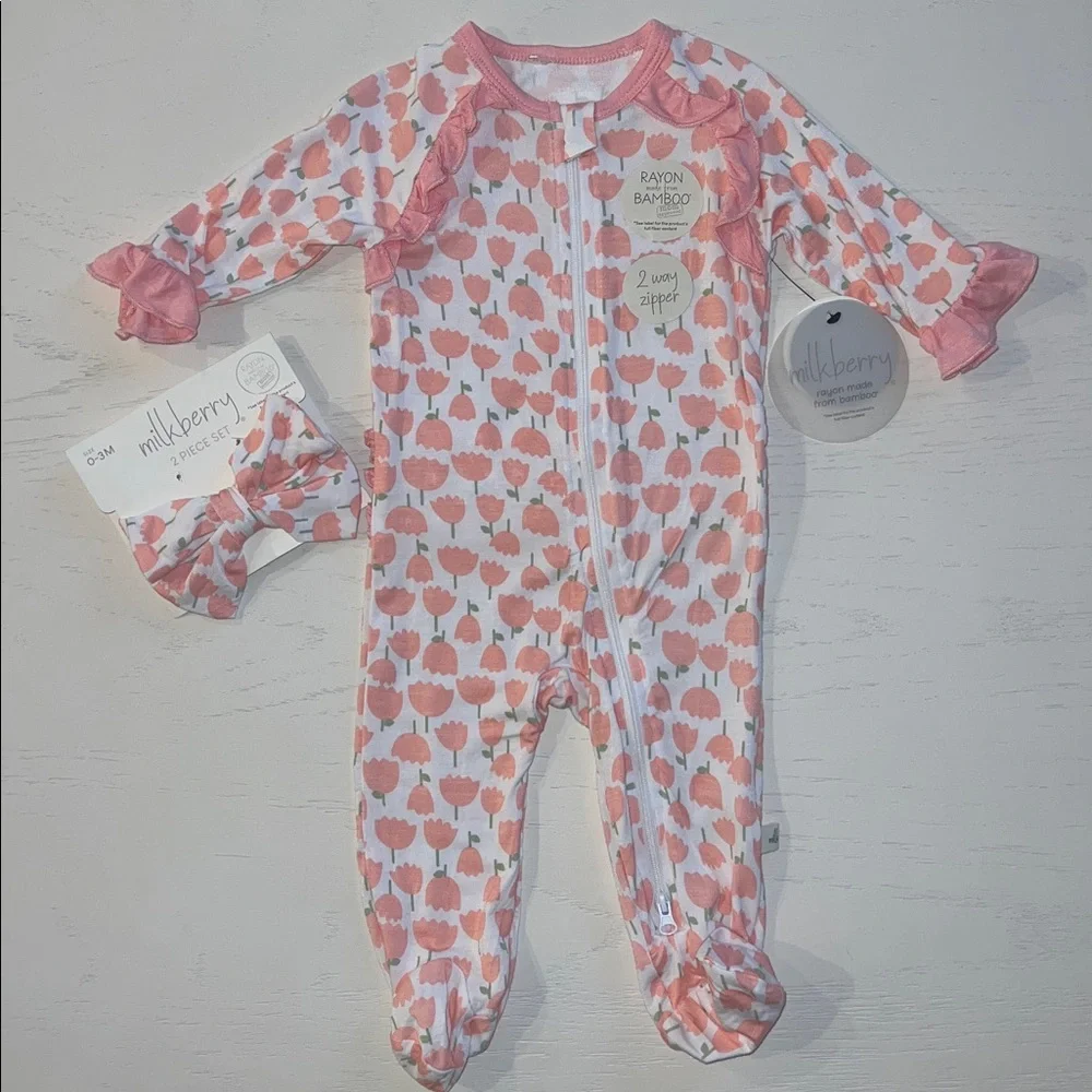 Milkberry Floral Tulip Footie Headband Set 0-3 3-6 months